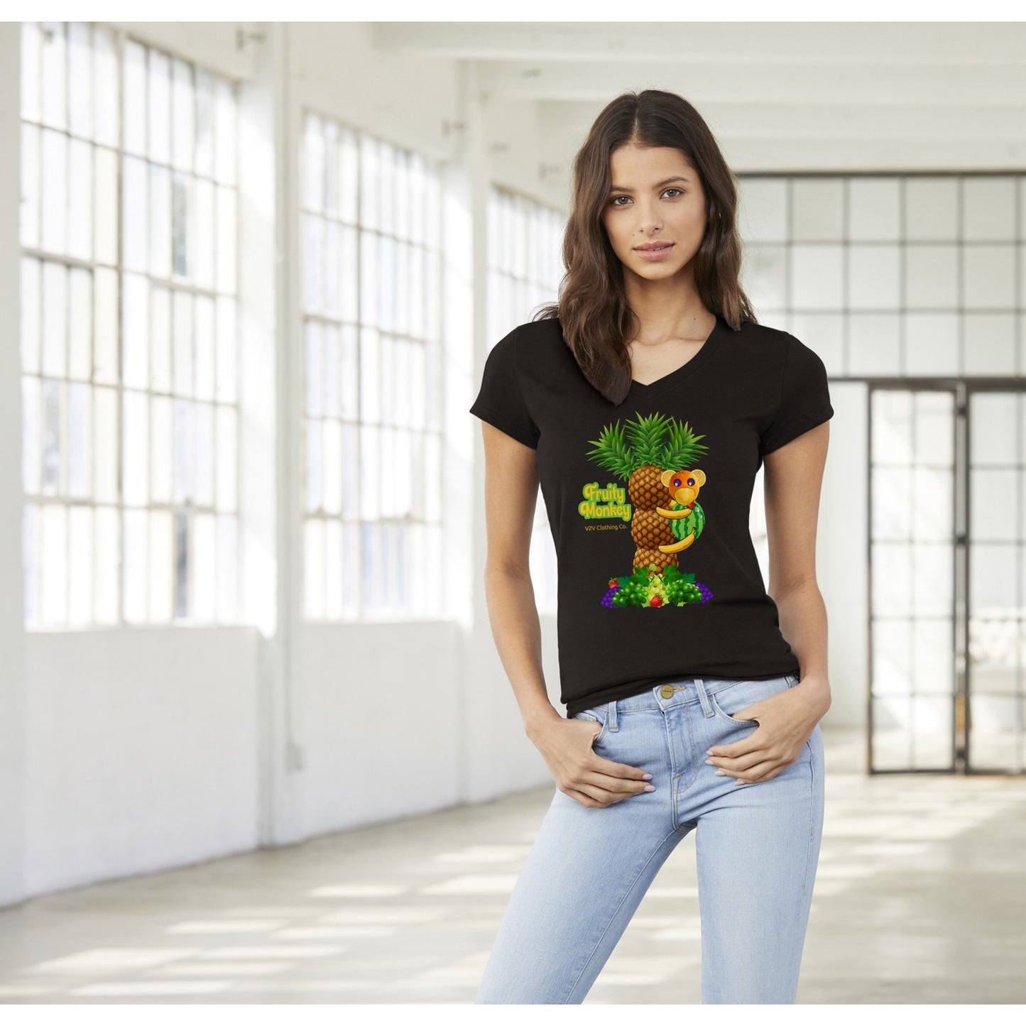 V2V Premium Womens V-Neck T-shirt "Fruity Monkey"